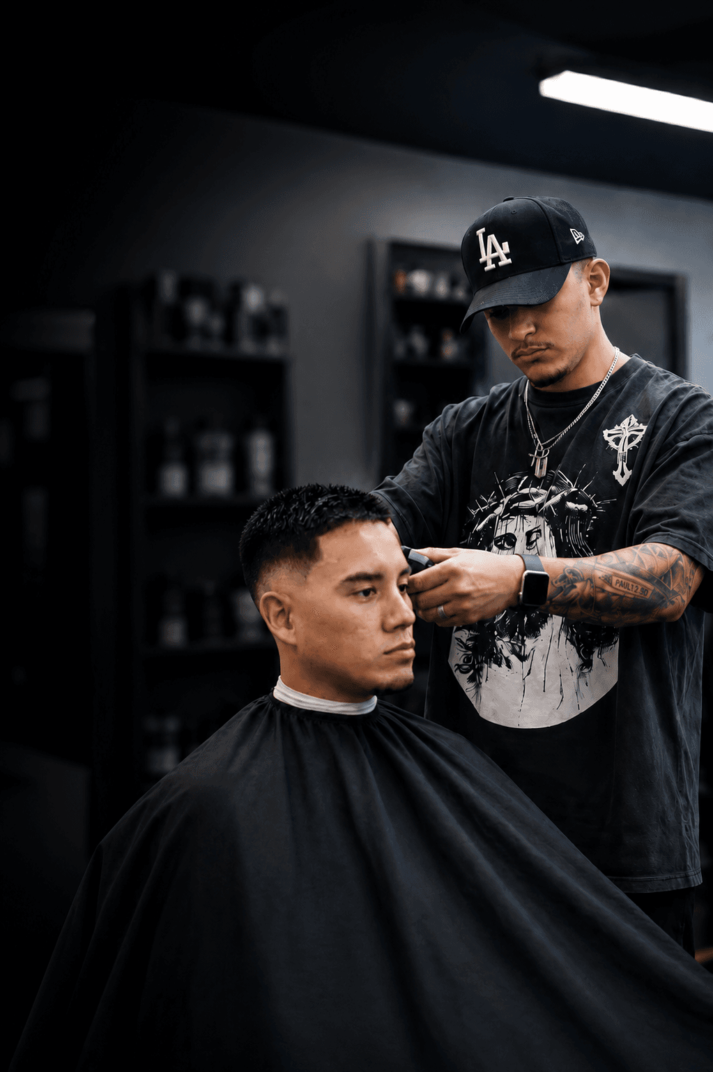 Noah Escalante cutting hair inside a real barbershop